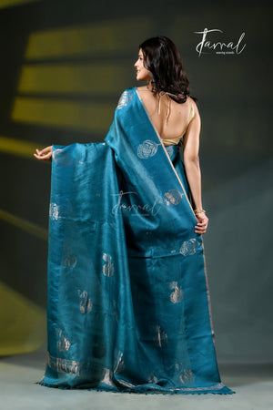 Peacock Blue Tussar Silk Handloom Jamdani Saree