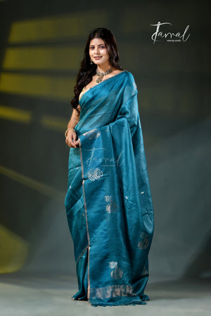 Peacock Blue Tussar Silk Handloom Jamdani Saree