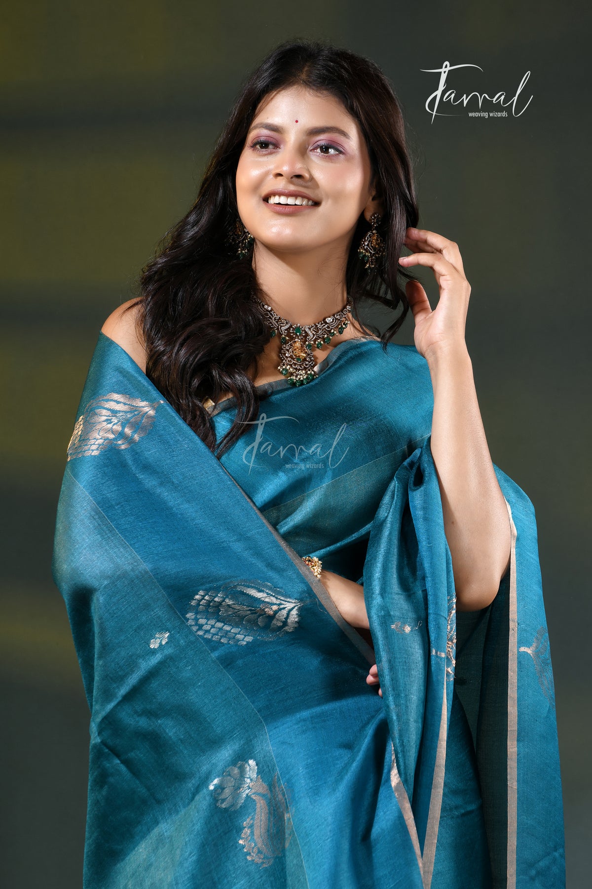 Peacock Blue Tussar Silk Handloom Jamdani Saree