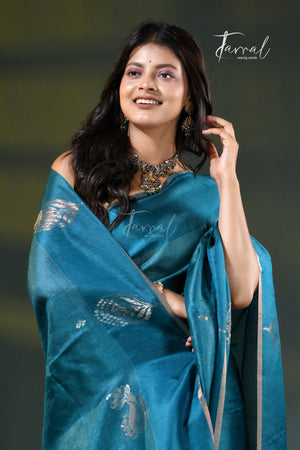 Peacock Blue Tussar Silk Handloom Jamdani Saree