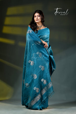 Peacock Blue Tussar Silk Handloom Jamdani Saree
