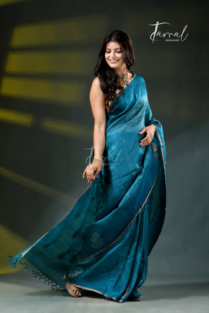 Peacock Blue Tussar Silk Handloom Jamdani Saree