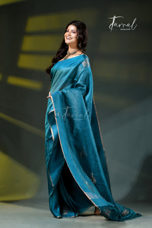 Peacock Blue Tussar Silk Handloom Jamdani Saree