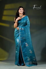 Pecocok Blue Tussar Silk Handloom Jamdani Saree