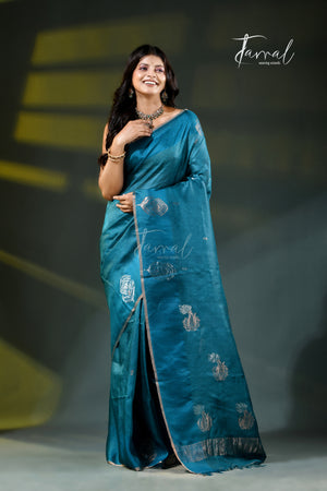 Peacock Blue Tussar Silk Handloom Jamdani Saree
