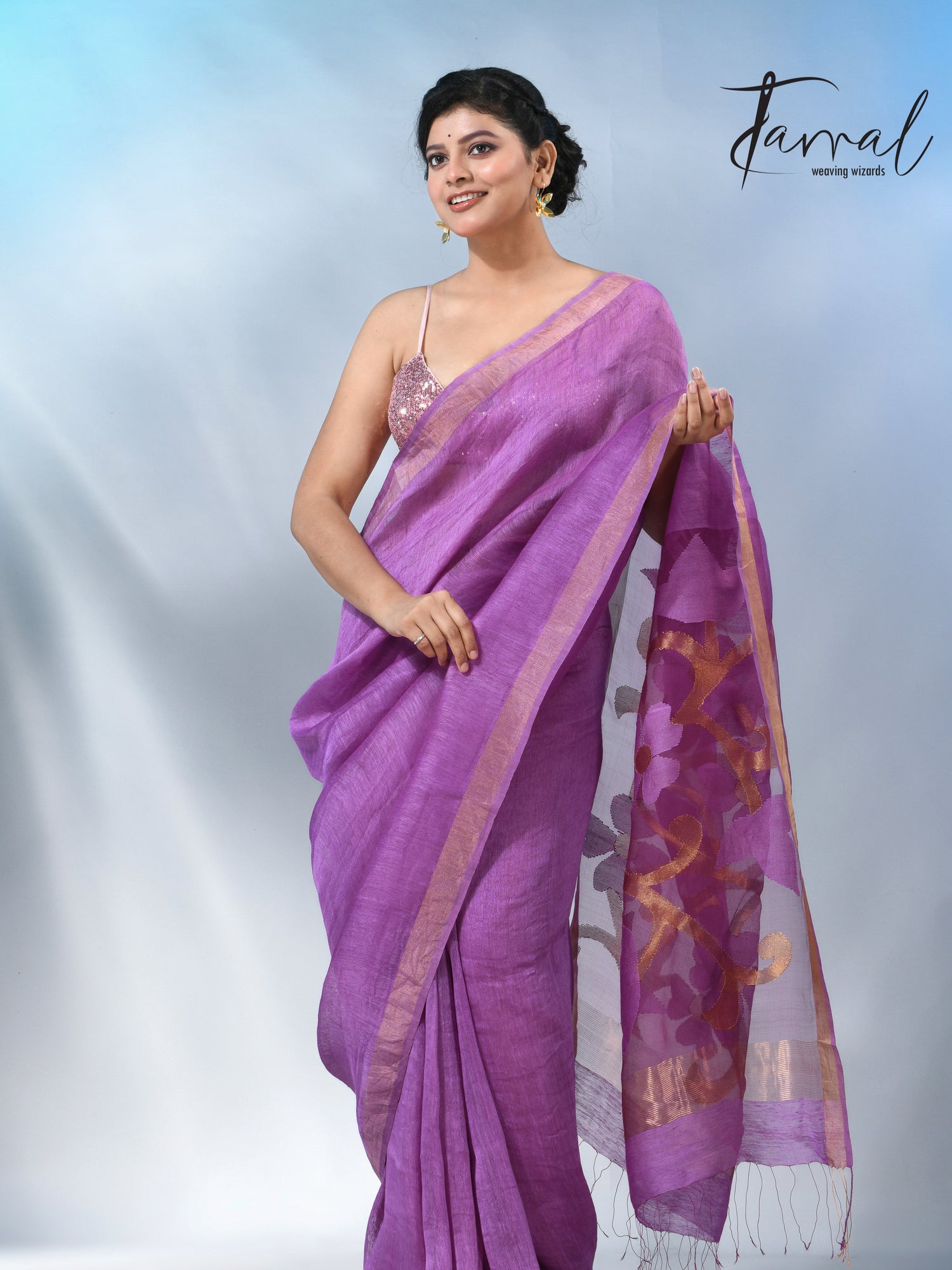 Periwinkle with zari border silk linen handwoven jamdani saree