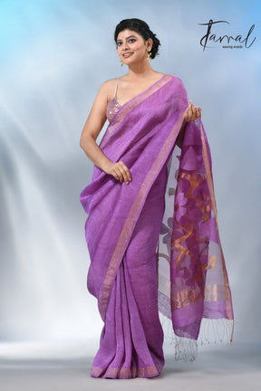 Periwinkle with zari border silk linen handwoven jamdani saree