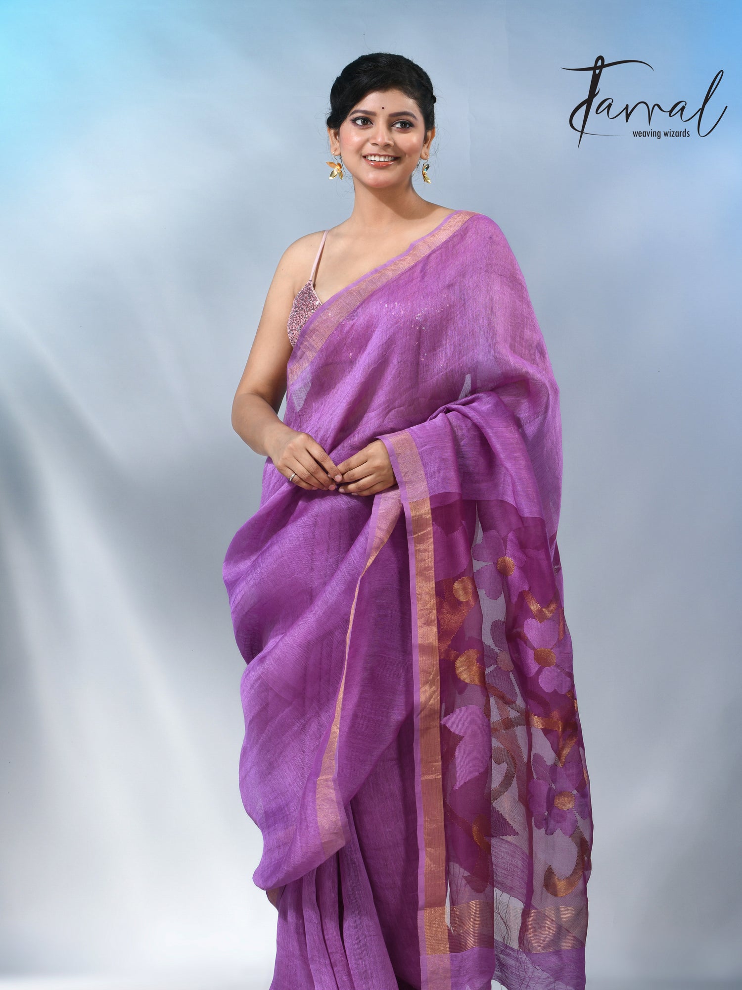 Periwinkle with zari border silk linen handwoven jamdani saree