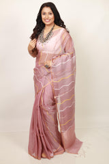 Periwinkle with zari border half & half silk linen handwoven jamdani saree - Tamal Boutique