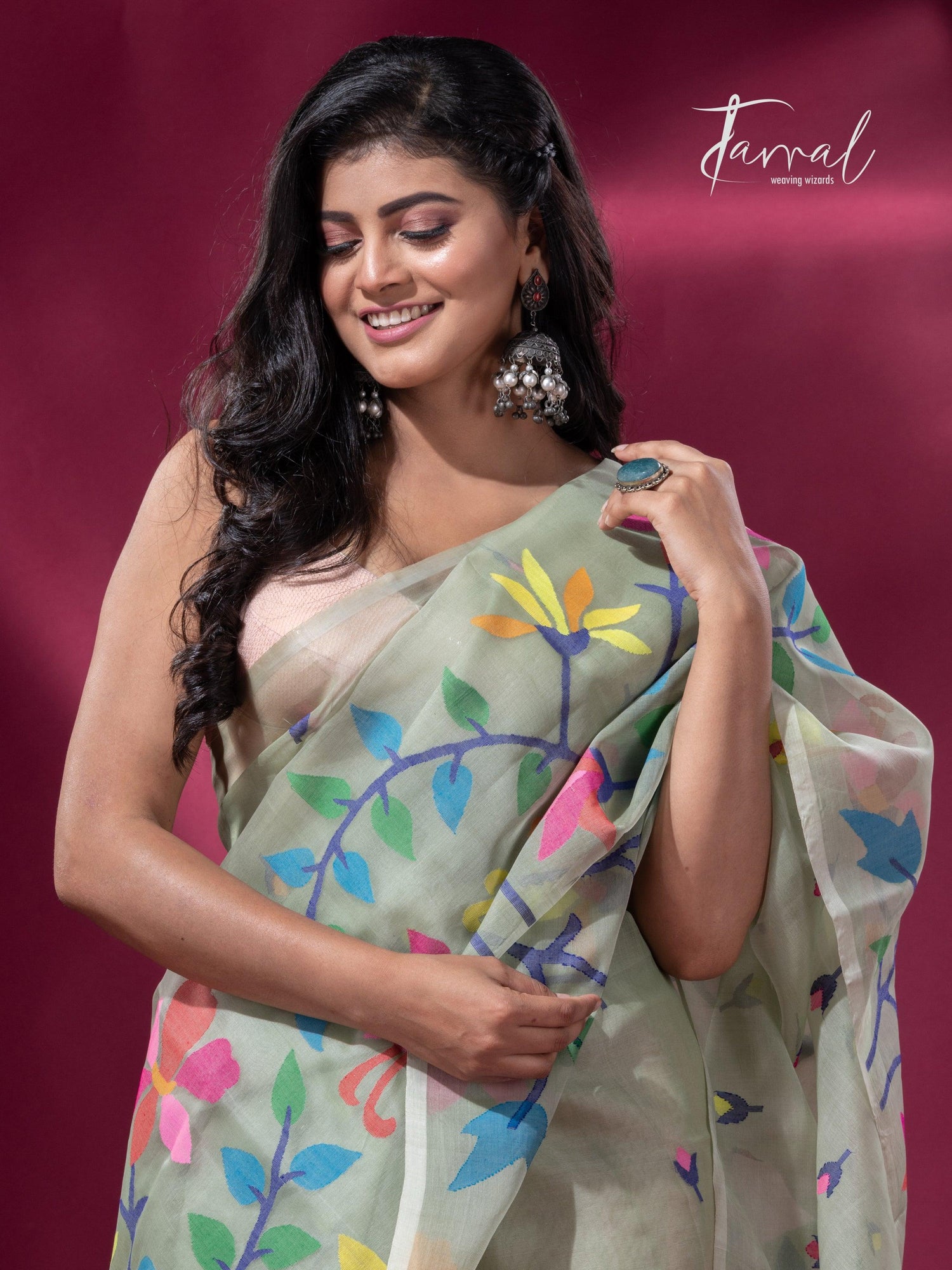 Pin green with multicolour muslin silk handwoven jamdani saree - Tamal Boutique