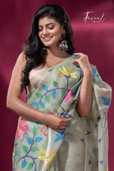 Pin green with multicolour muslin silk handwoven jamdani saree - Tamal Boutique