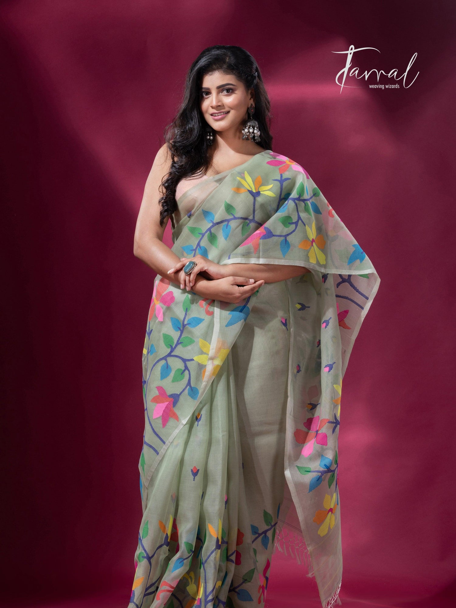 Pin green with multicolour muslin silk handwoven jamdani saree - Tamal Boutique