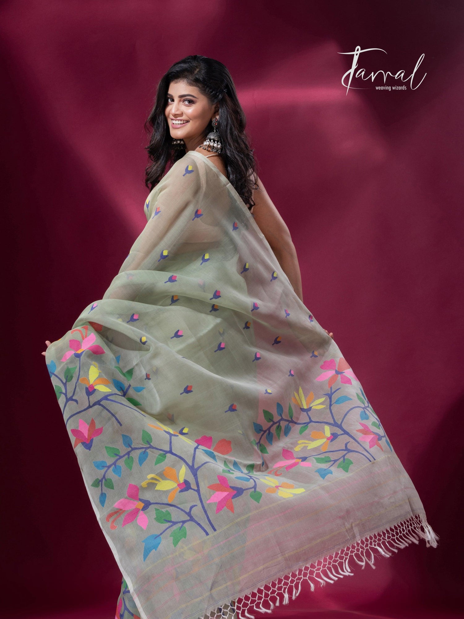 Pin green with multicolour muslin silk handwoven jamdani saree - Tamal Boutique