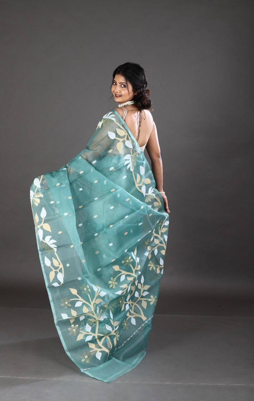 Pine green with white & zari lata motifs muslin silk handwoven jamdani saree - Tamal Boutique