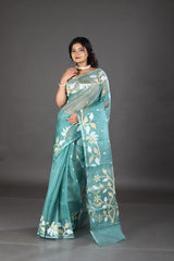 Pine green with white & zari lata motifs muslin silk handwoven jamdani saree - Tamal Boutique