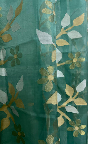 Pine green with white & zari lata motifs muslin silk handwoven jamdani saree - Tamal Boutique