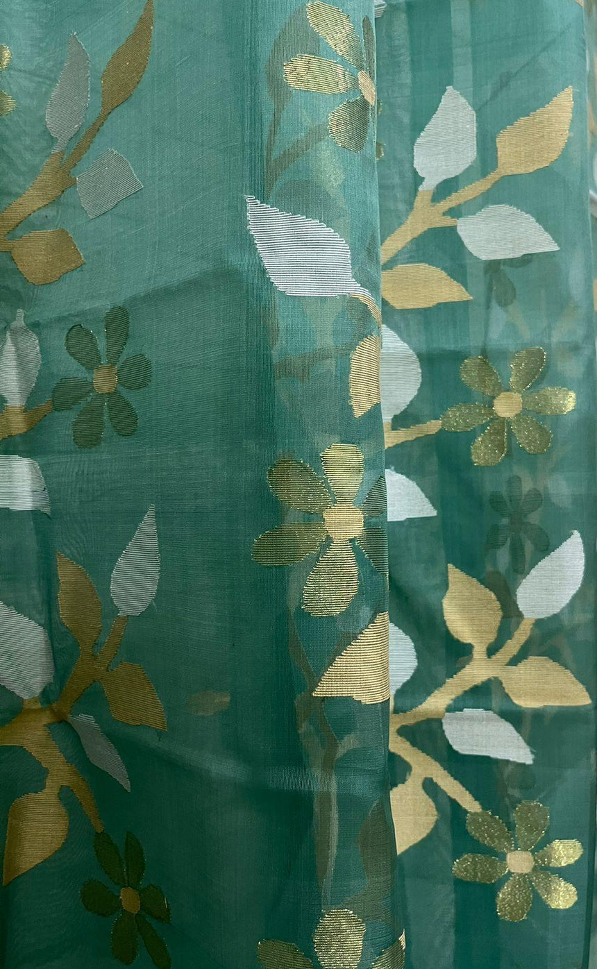 Pine green with white & zari lata motifs muslin silk handwoven jamdani saree - Tamal Boutique