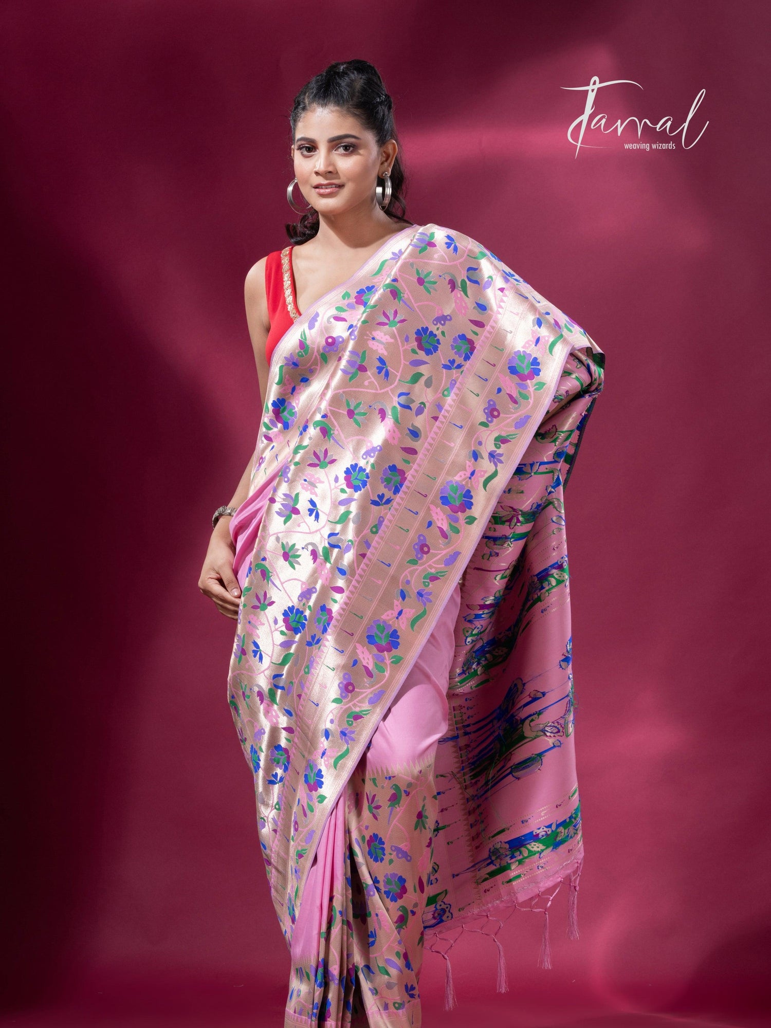 Pink And Gold Kanchipuram handloom Silk Paithani Saree full1