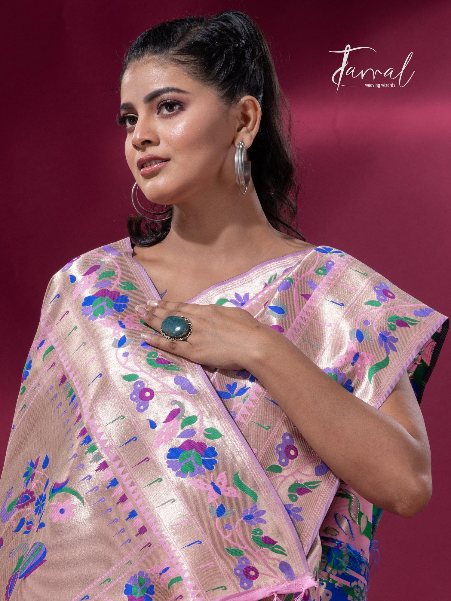 Pink And Gold Kanchipuram handloom Silk Paithani Saree full1