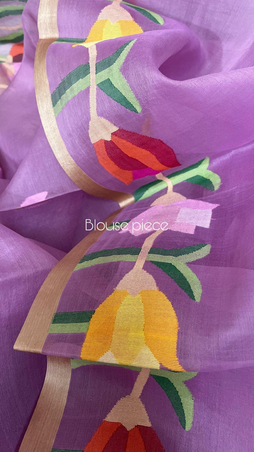 Pink Blue with multi colour tulip handwoven muslin silk jamdani saree - Tamal Boutique