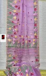 Pink Blue with multi colour tulip handwoven muslin silk jamdani saree - Tamal Boutique