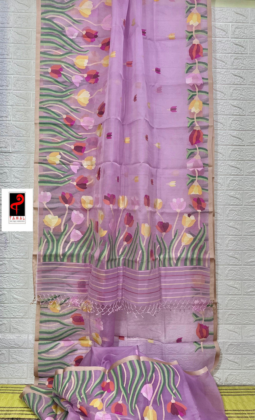 Pink Blue with multi colour tulip handwoven muslin silk jamdani saree - Tamal Boutique