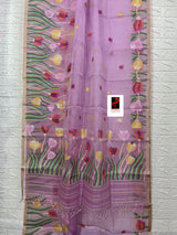 Pink Blue with multi colour tulip handwoven muslin silk jamdani saree - Tamal Boutique