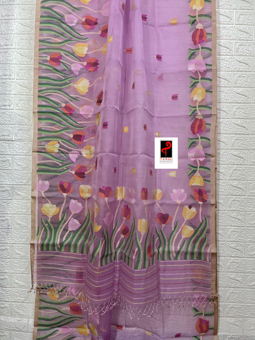 Pink Blue with multi colour tulip handwoven muslin silk jamdani saree - Tamal Boutique