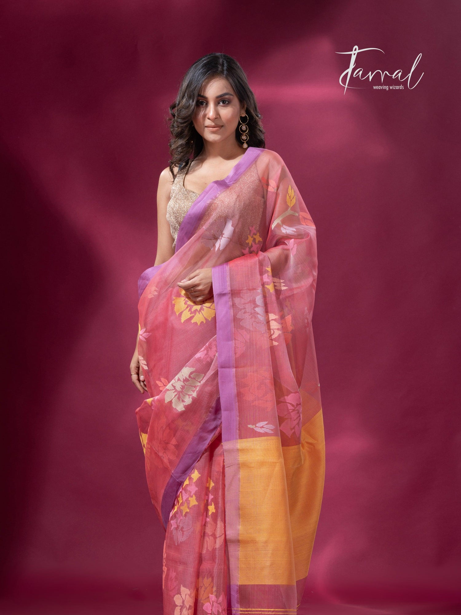 Pink border allover floral motifs handwoven jamdani saree