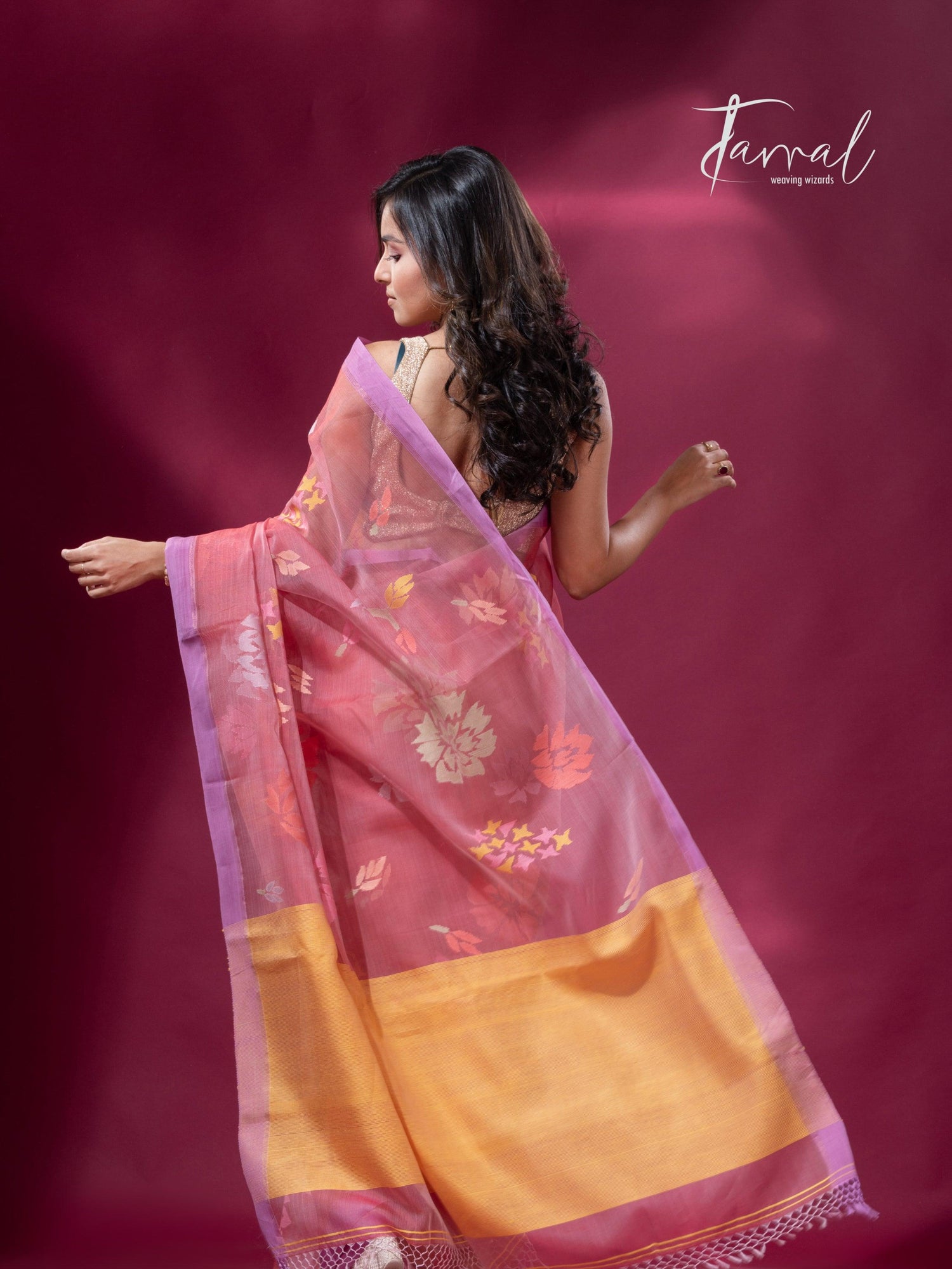 Pink border allover floral motifs handwoven jamdani saree back