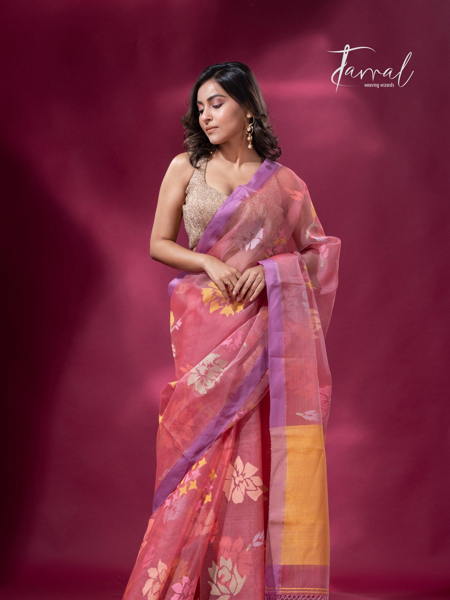 Pink border allover floral motifs handwoven jamdani saree full