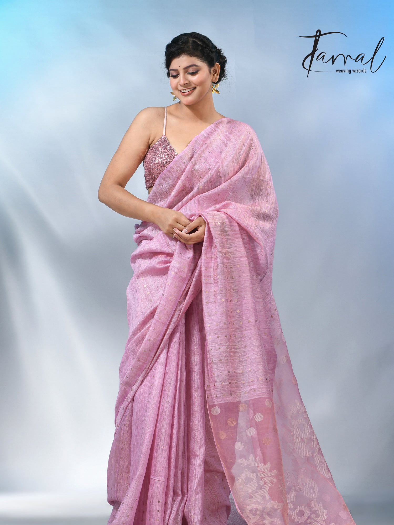 Pink color tissue matka silk sequins handwoven jamdani saree