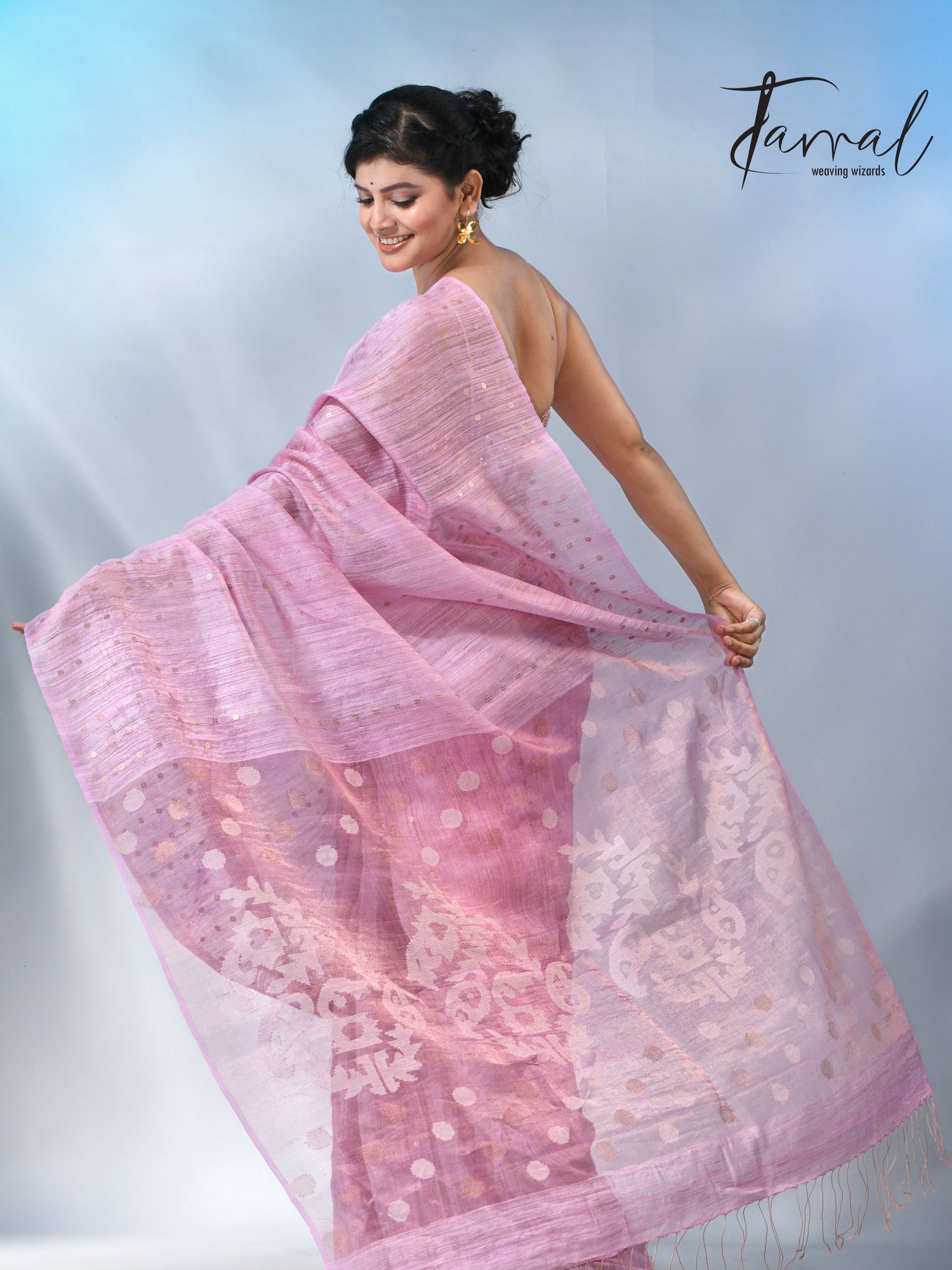 Pink color tissue matka silk sequins handwoven jamdani saree