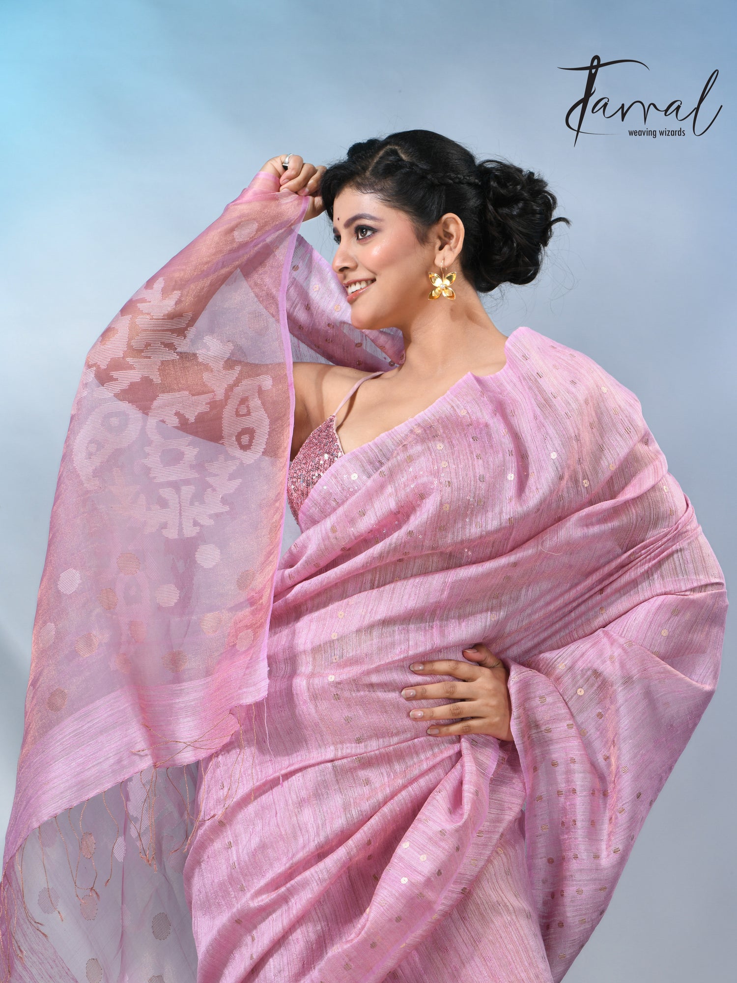 Pink color tissue matka silk sequins handwoven jamdani saree