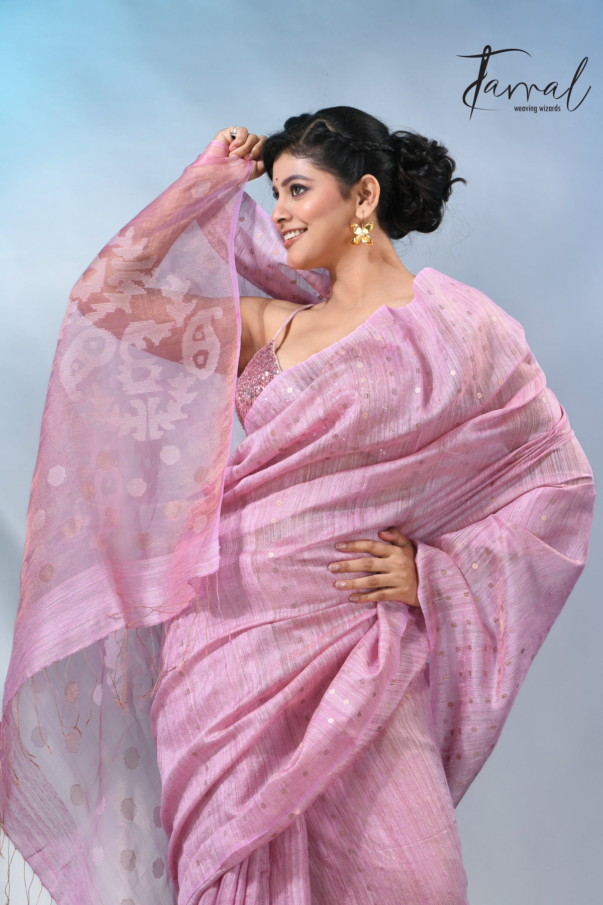 Pink color tissue matka silk sequins handwoven jamdani saree