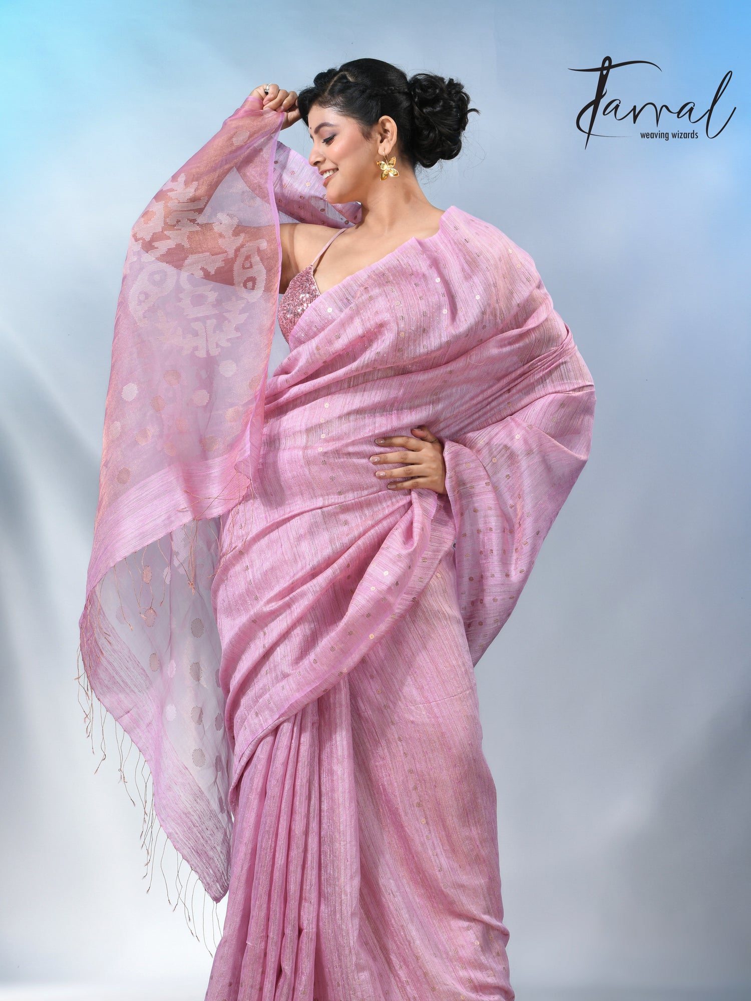 Pink color tissue matka silk sequins handwoven jamdani saree