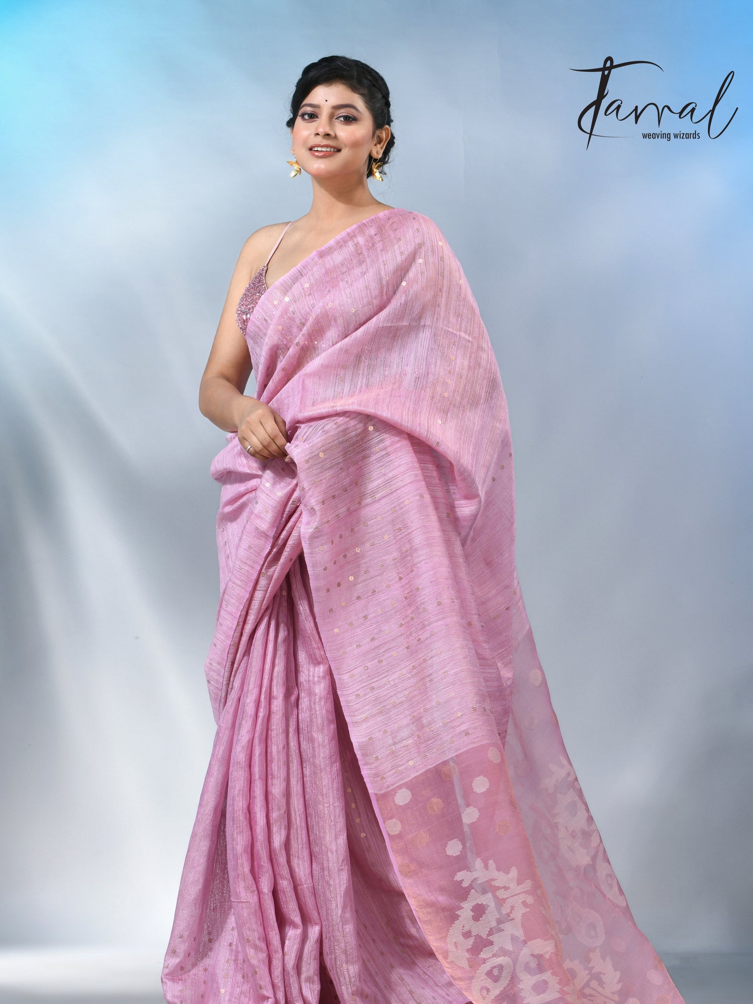 Pink color tissue matka silk sequins handwoven jamdani saree