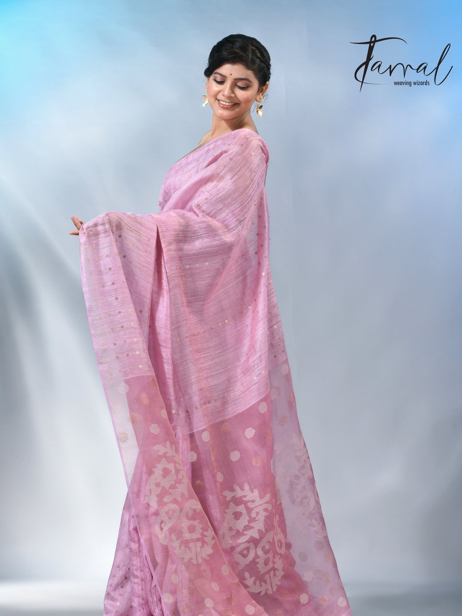 Pink color tissue matka silk sequins handwoven jamdani saree