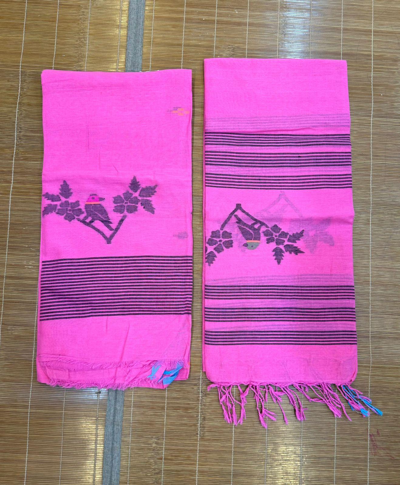  Handwoven Jamdani Kurti and Dupatta Set Black Pink Bird
