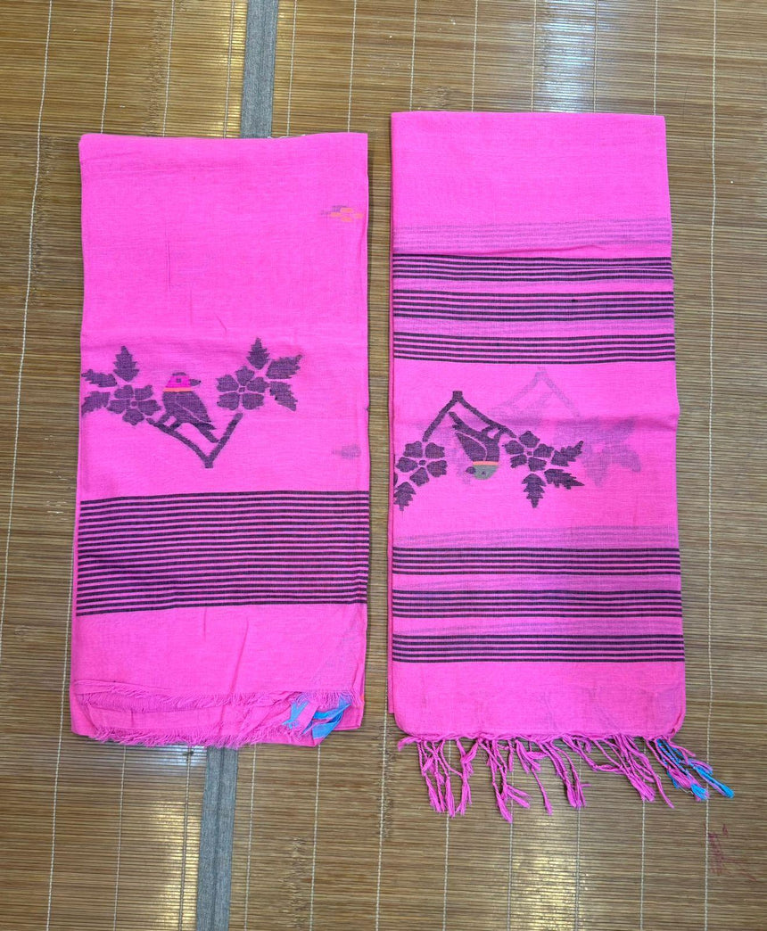  Handwoven Jamdani Kurti and Dupatta Set Black Pink Bird