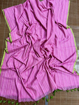 Pink with green border mul cotton handloom saree - Tamal Boutique