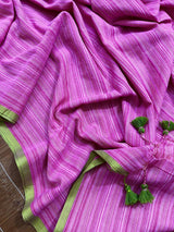 Pink with green border mul cotton handloom saree - Tamal Boutique