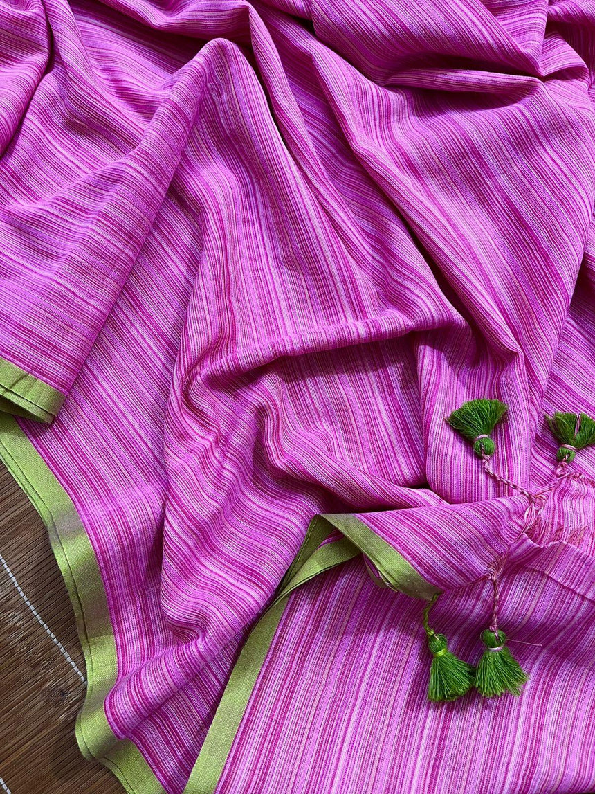 Pink with green border mul cotton handloom saree - Tamal Boutique