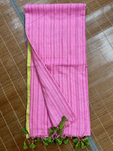 Pink with green border mul cotton handloom saree - Tamal Boutique