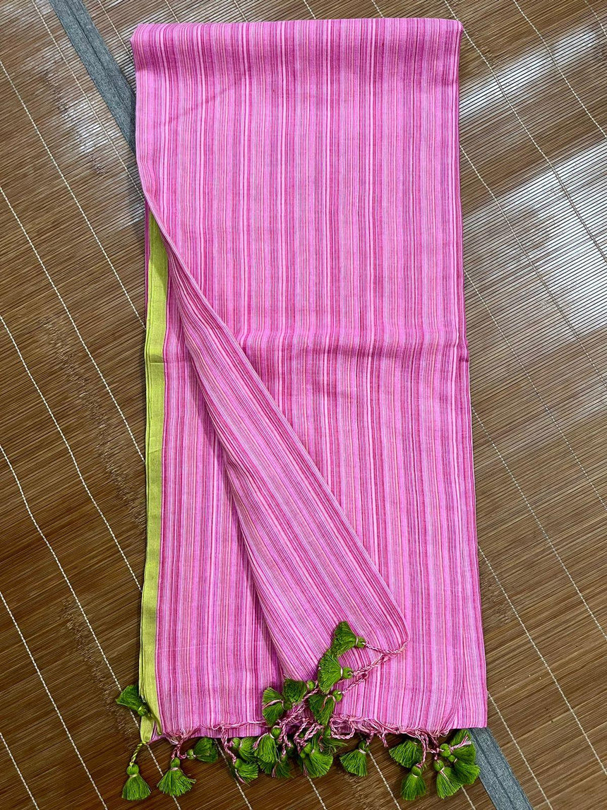 Pink with green border mul cotton handloom saree - Tamal Boutique