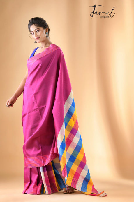 Pink with multicolour handcrafted Bishnupuri Katan Silk Saree