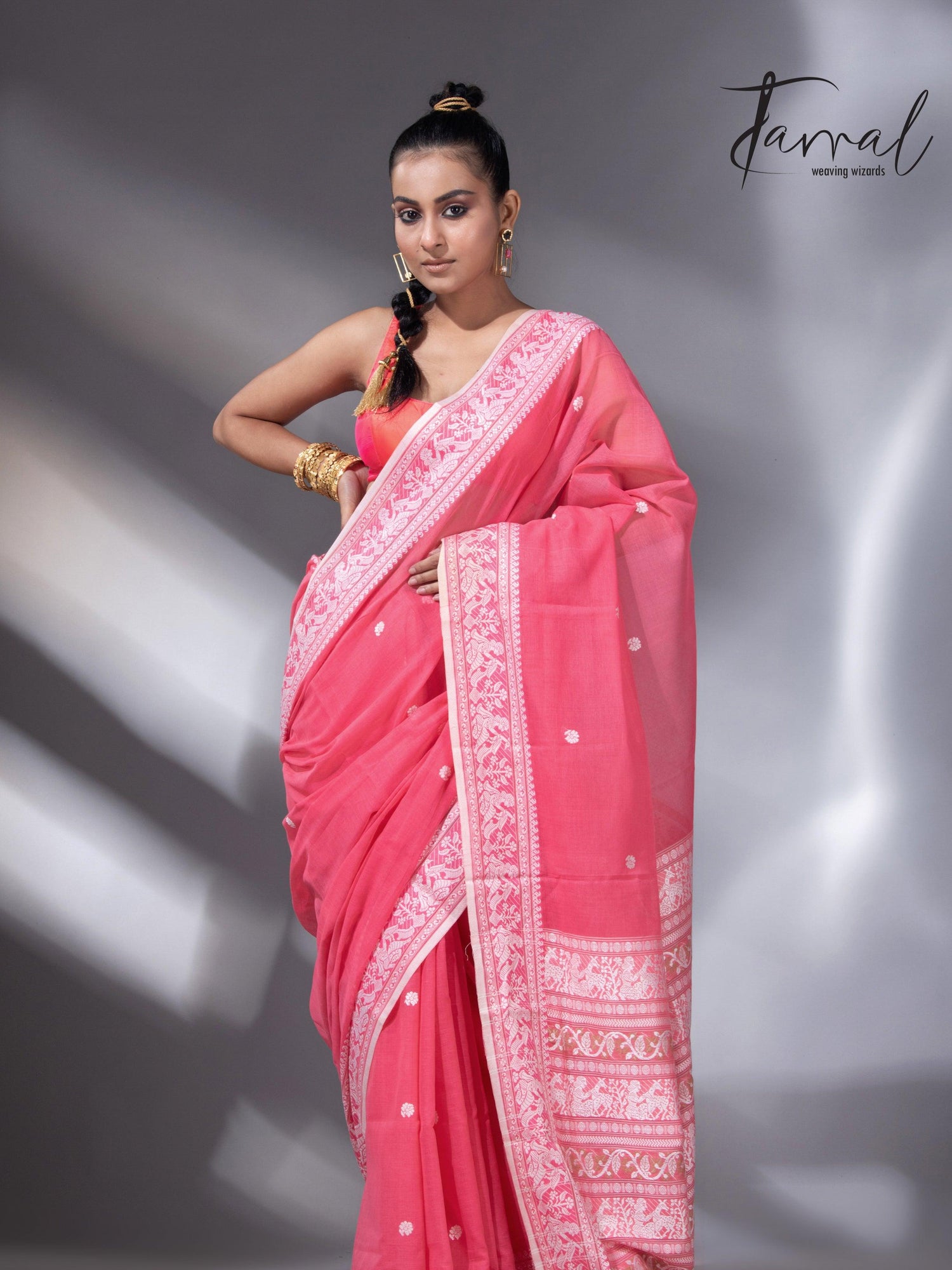 Pink with white border pure cotton baluchari handloom saree