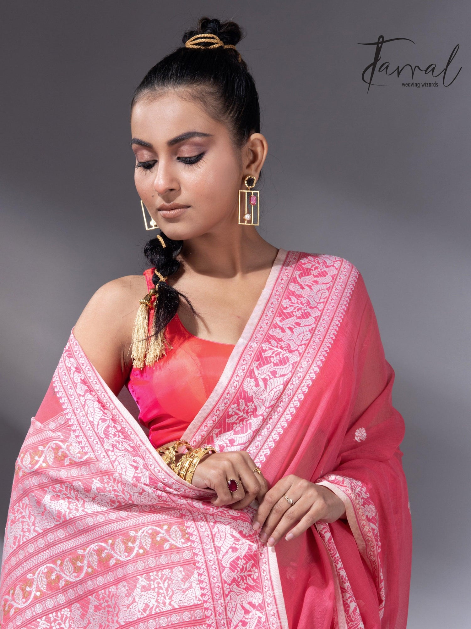 Pink with white border pure cotton baluchari handloom saree
