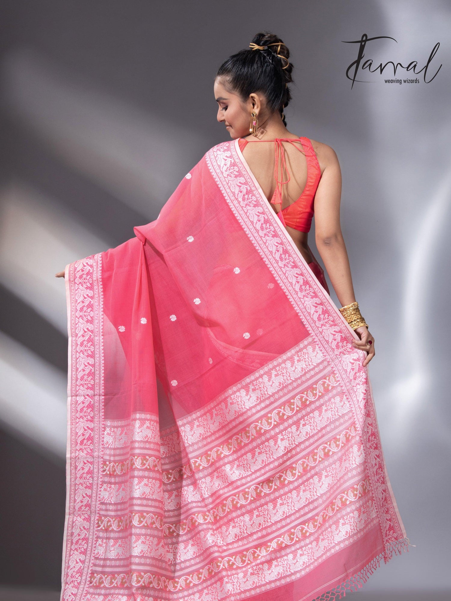 Pink with white border pure cotton baluchari handloom saree