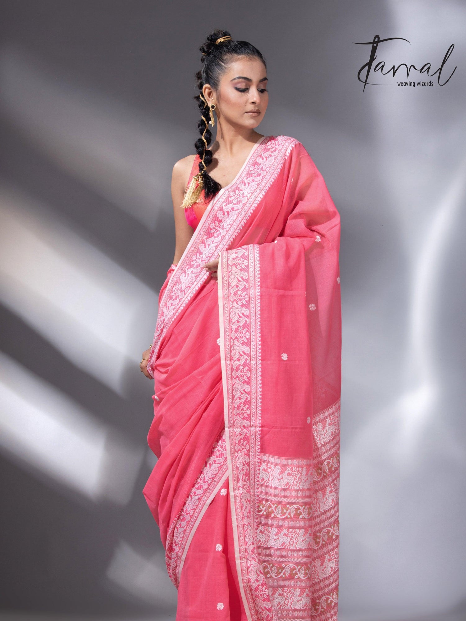 Pink with white border pure cotton baluchari handloom saree